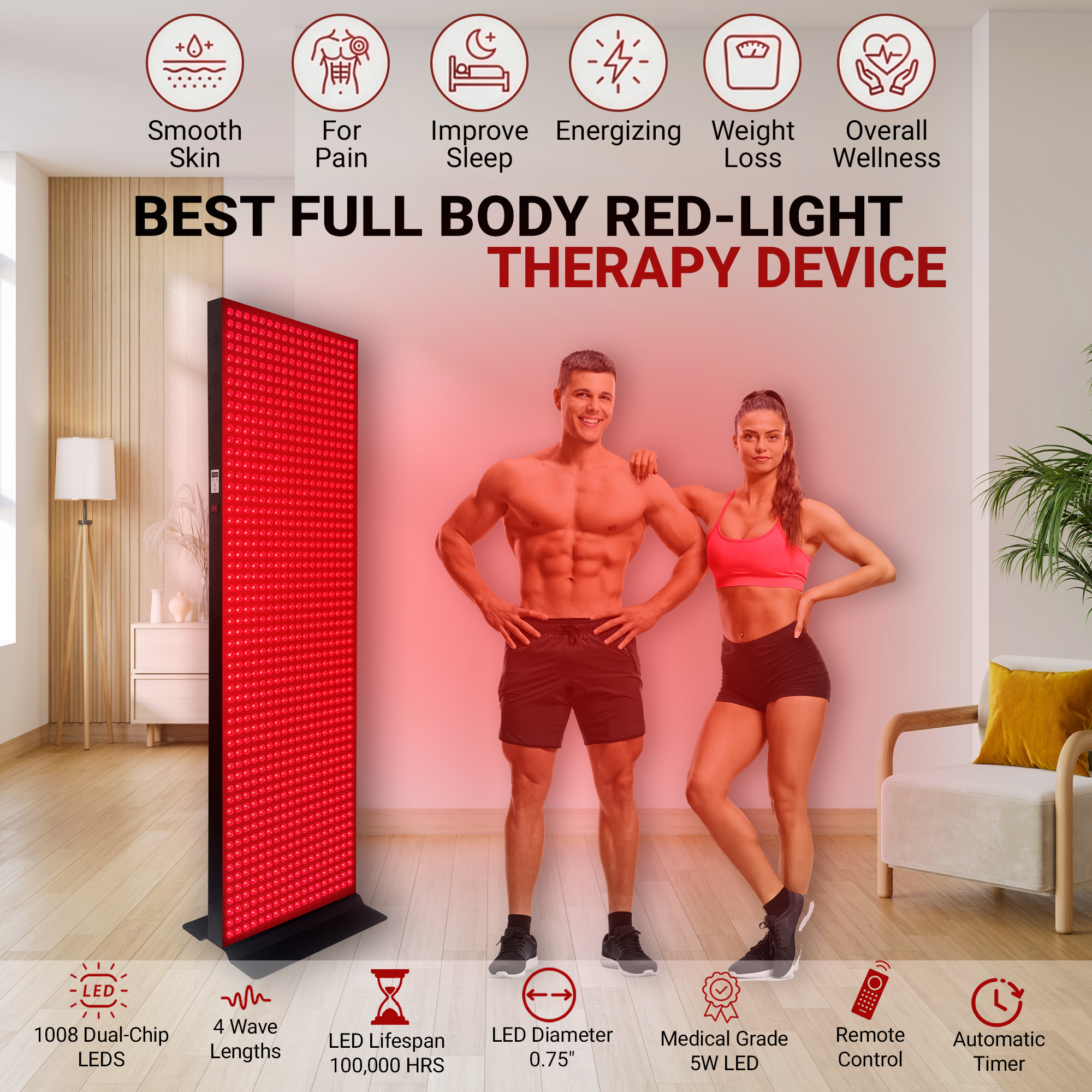 EXESAS 1008 LED, 5040W Dual-Chip, Red Light Therapy Device for Full Body, 4-Wavelengths Infrared LED Panel for Skin, Weight, Pain, Wellness