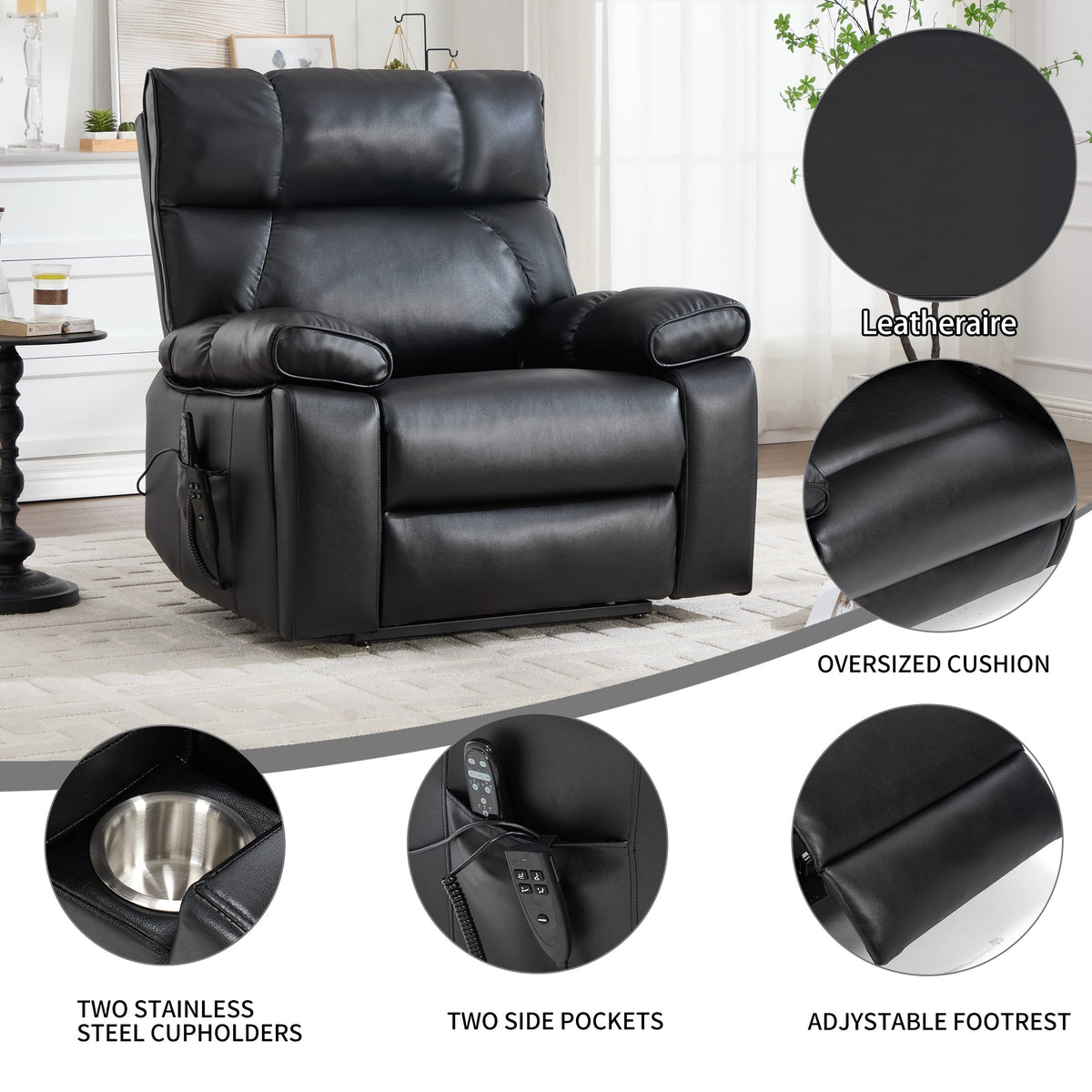 Black Leatheraire Heat Massage Dual Motor Recliner