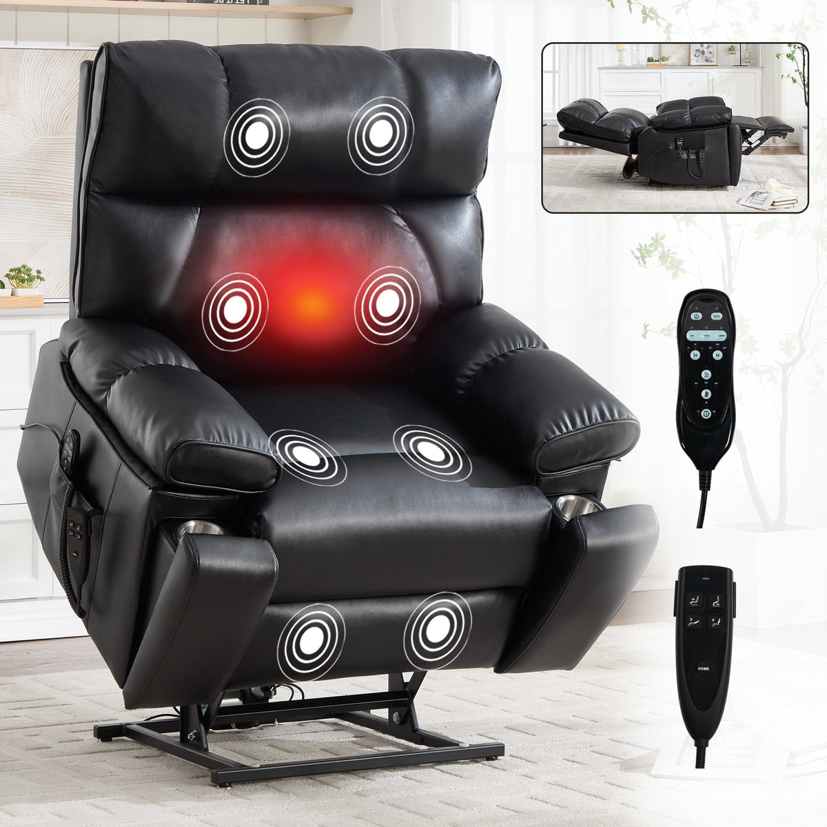 Black Leatheraire Heat Massage Dual Motor Recliner