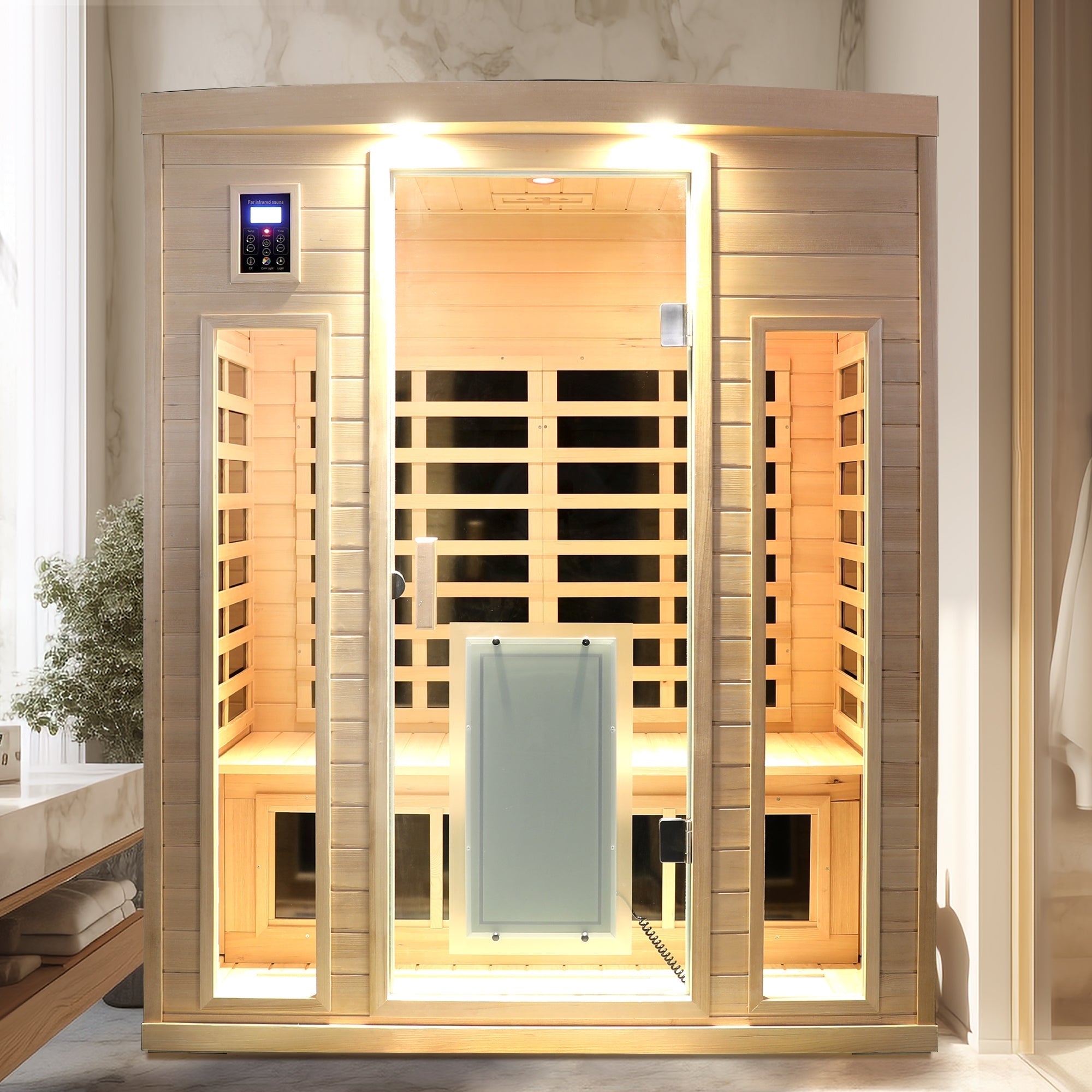 Low EMF, There is also a heating plate on the glass door, Hemlock wood Far-infrared indoor Three person sauna room